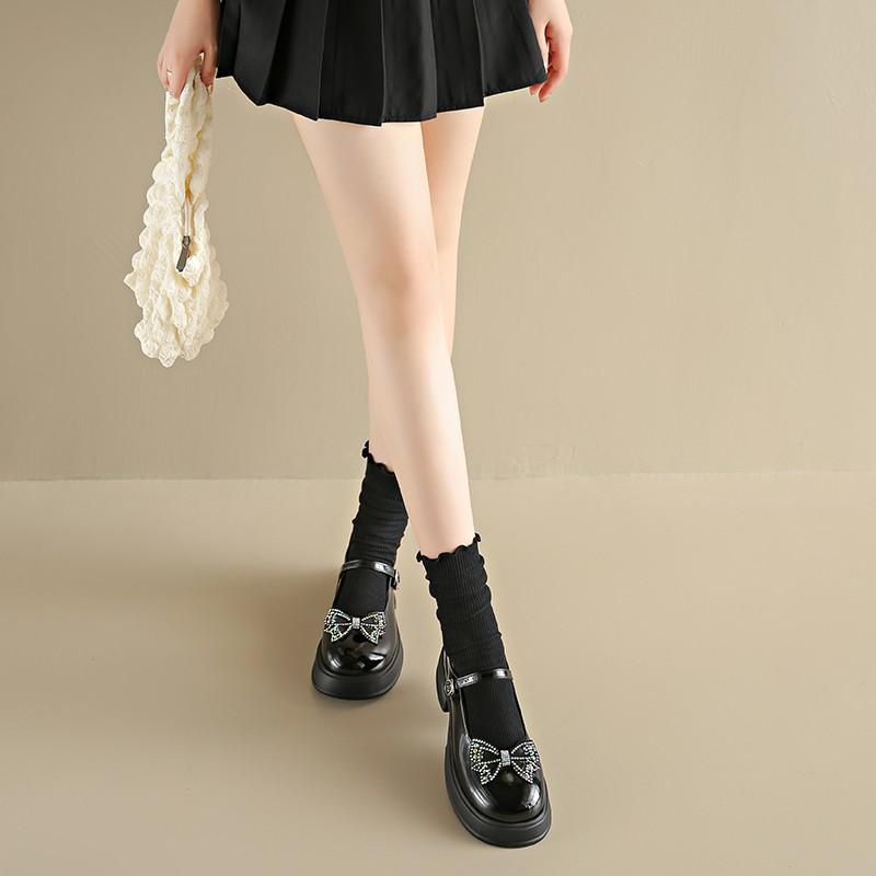 French Bow Round Head Thick Sole Color Matching Small Leather Shoes Women's 2025 Autumn New Pearl One-word Buckle Mary Jane Shoes