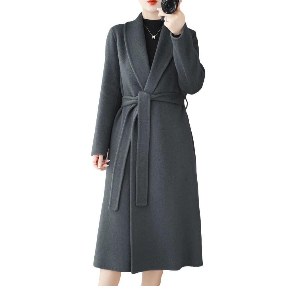 Temperament Women's Extra Long Double-Faced Wool Slim Fit Pea Coat - 100% Wool Autumn/Winter High-End Overcoat