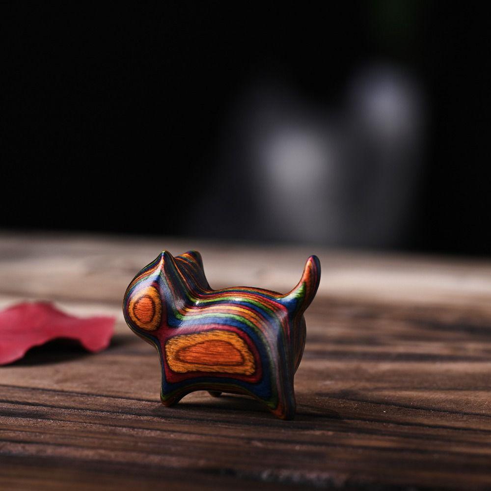 Hot Cute Colored Wooden Cat Ornaments Rainbow Wood Carving Rainbow Horse Ornaments Small Cat Model Ornaments Gift