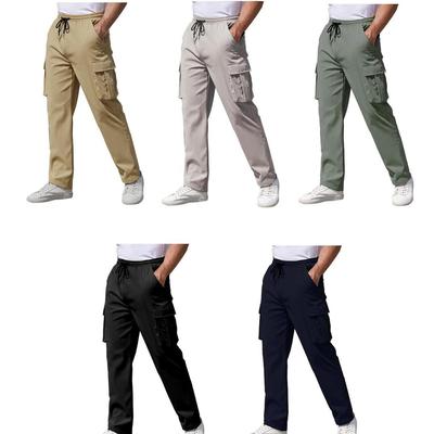 2024 Men's Casual Polyester Cotton Workwear Drawstring Multi-Pocket Trousers