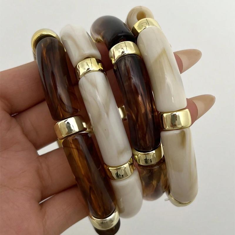 4 Pcs Bamboo Tube Resin Bracelet Set For Women Acrylic Curved Tube Bracelets Plated Stackable Wristband Trendy Boho Jewelry
