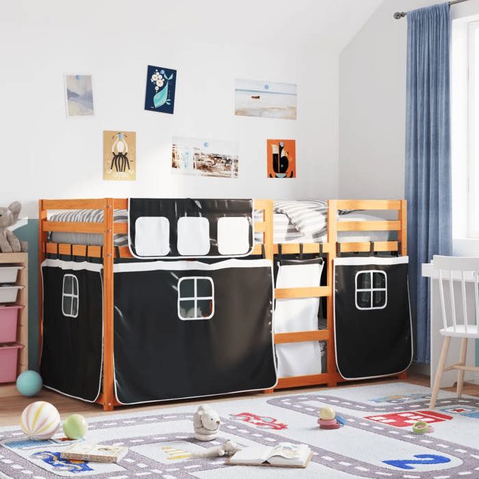 VidaXL Bunk Bed with Curtains White/black 75x190 Cm Solid Pine Wood, Bed, Bed Frame, Low Bunk Bed, Furniture of 3283925