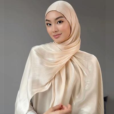 New Solid Color Glitter Hijabs 2Pcs With Undercap Muslim Ladies Soft Head Wrap Shimmer Satin Crepe Hijab Shawl