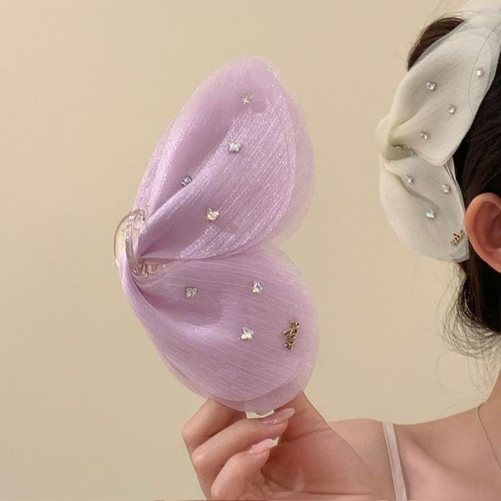 Sweet Butterfly Petals Hair Claw Cloth Women Hairgrips Beach Rhinestone Mesh Shark Clip  Girls