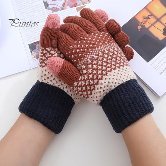 Winter Gloves 1 Pair Thickened Warm Full Fingers Touch Screen Ribbed Cuffs Women Striped Splicing Double Layer Fleece Lining Knitting for Cold Weather