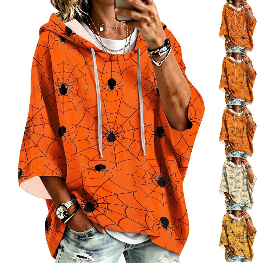 Women's Fashionable Three-Quarter-Sleeve Halloween-Printed Hooded Pullover