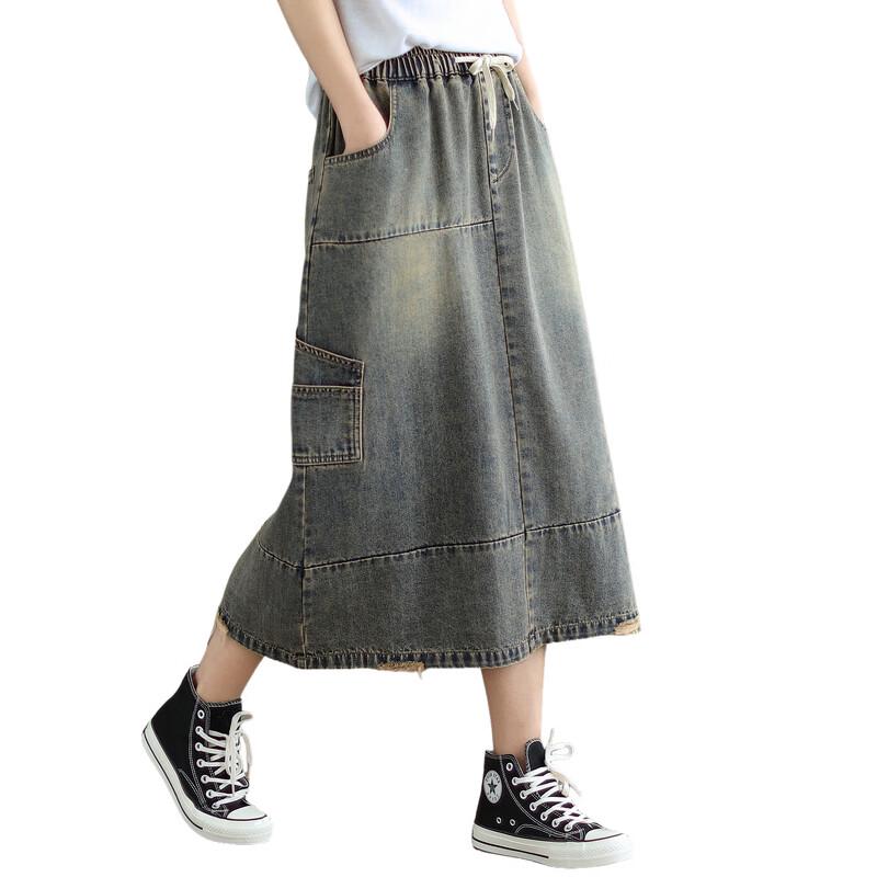 Ronghua Fashion High-Waisted A-Line Denim Midi Skirt
