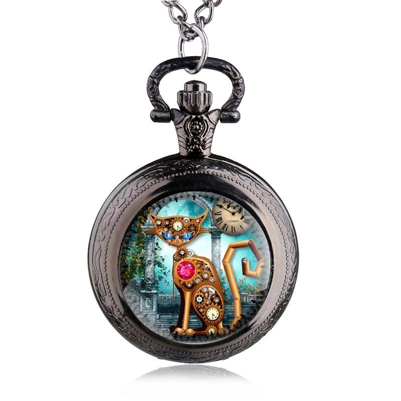 Bronze Vintage Steampunk Cat Locket Necklace Pocket Watch Pendant Gift