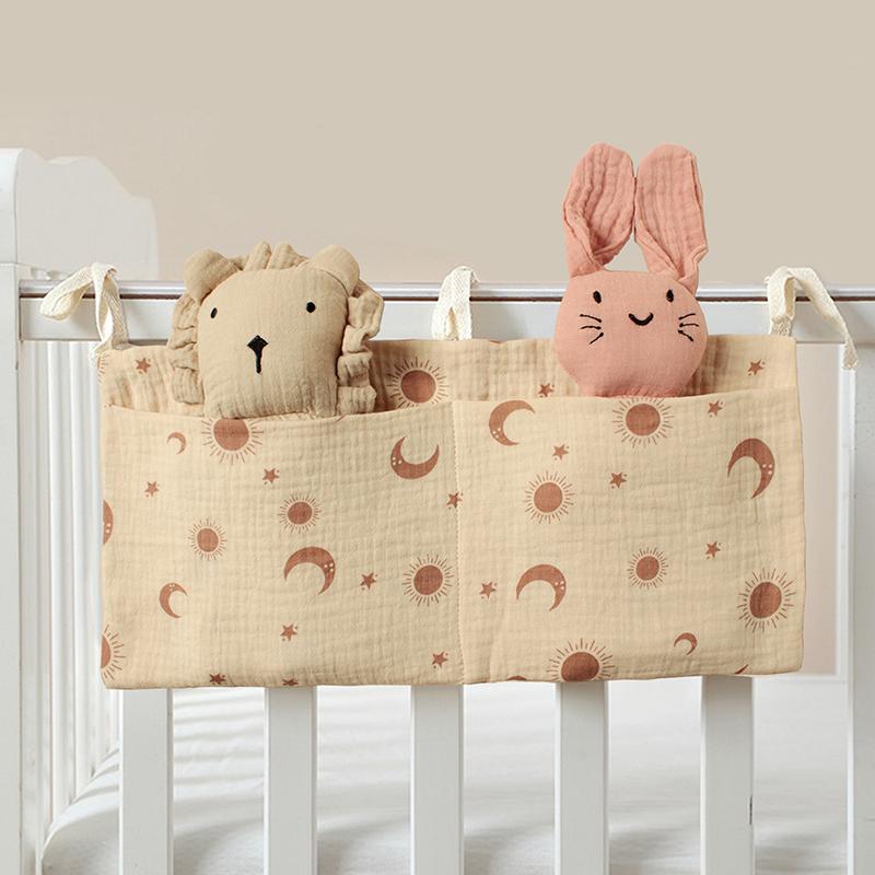 Pure Cotton Baby Bed with Double Pocket Children's Bottle Bedside Hanging Bag Diapers Storage Cart Baby Room Organization