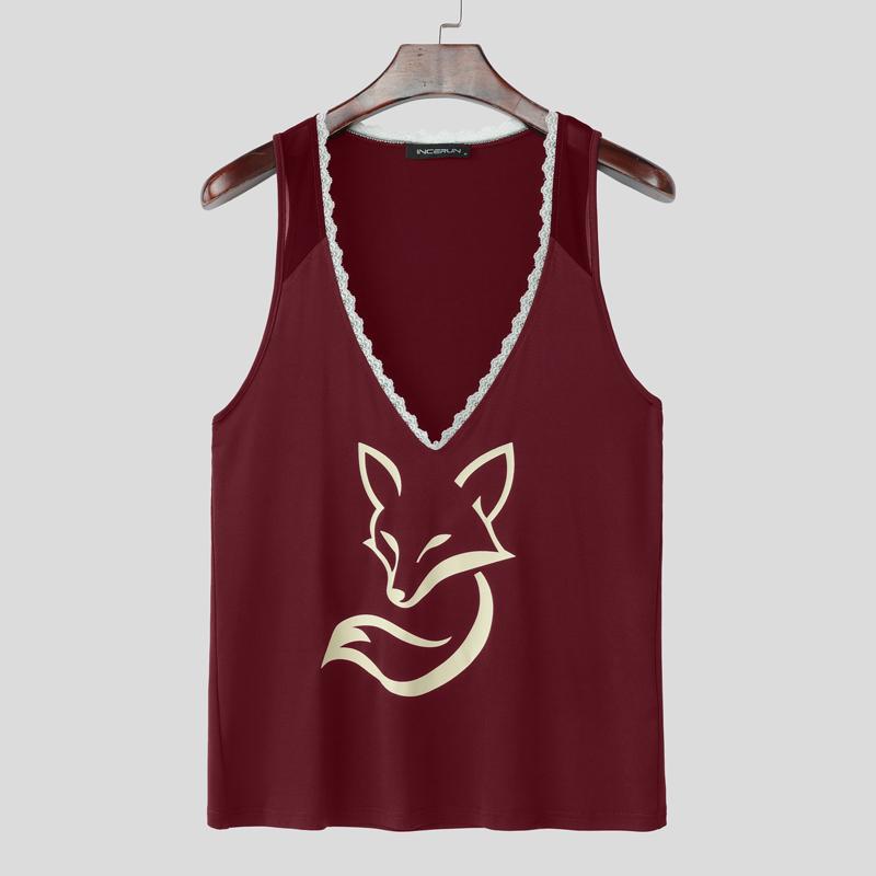 INCERUN Summer Men Deep V Neck Sleeveless Lace Hem Print Casual Tank Tops