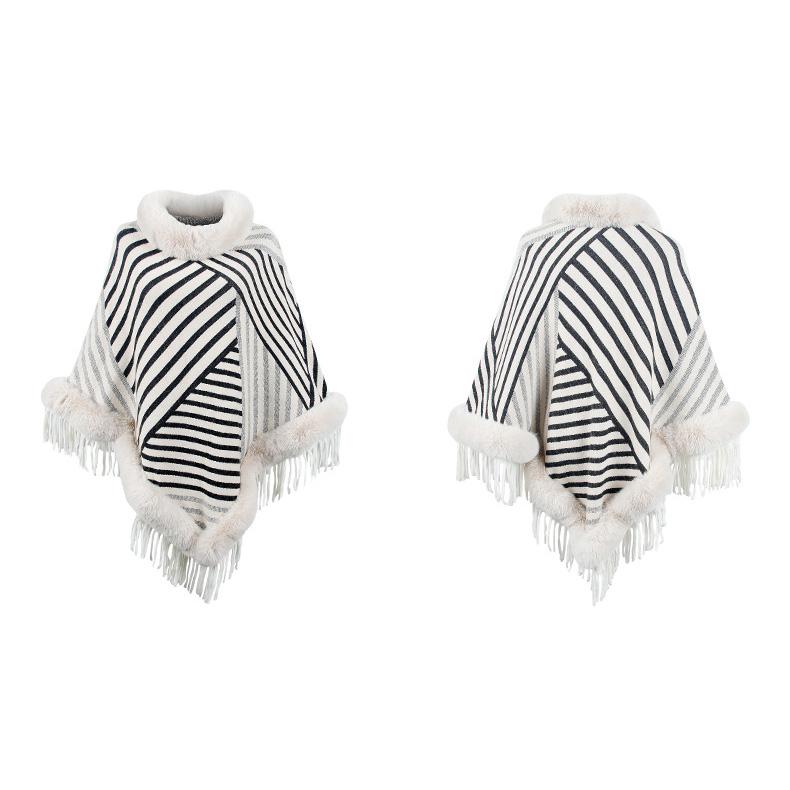 Autumn and Winter Women Stripe Loose Bat Sleeve Cross Border Cloak Cardigan Knitwear Half High Collar Sweater