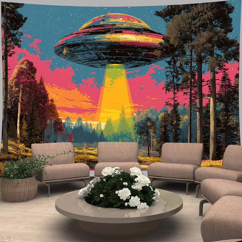 

2D Psychedelic UFO Backdrop, Colorful Saucer Over Forest with Retro Sunset 47.2x31.5inch/120*80cm