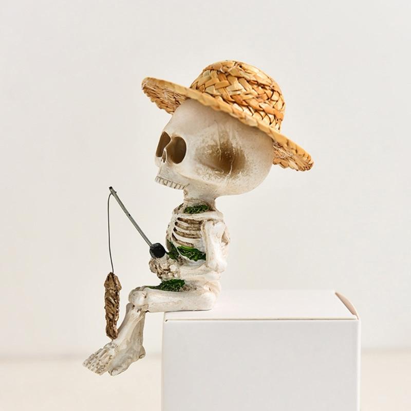 Miniature Resins Skeleton Fishing by Pond Intricate Detailing Figurine Gift for Collectors and Halloween Enthusiasts