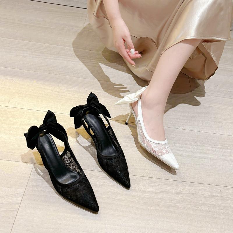 Fashion Temperament Pointed Toe Women Shoes Sexy Breathable Mesh Lace Back Butterfly-knot Thin High Heels Sandals