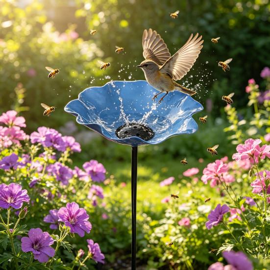 Garden Metal Flower Stake Decorative Bird Bath Ground Insert Bee Watering Station Butterfly Drinking Bowl for Backyard Pollinators Wild Birds Patio