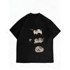 Cute Cat Print Loose T Shirt Black Cartoon Cats Washing Drying Sleeping Design Women Casual Summer Top