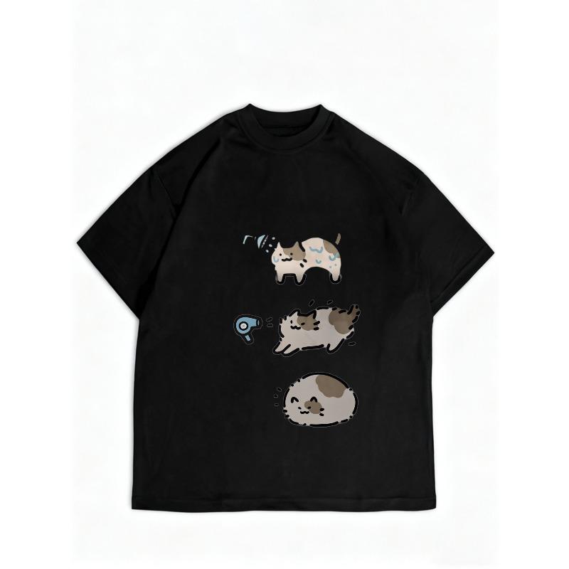 Cute Cat Print Loose T Shirt Black Cartoon Cats Washing Drying Sleeping Design Women Casual Summer Top