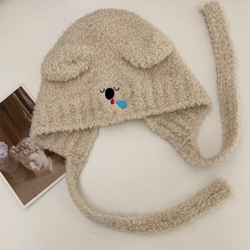 

Cute koala plush knitted wool hat children autumn and winter warm ear protectors pullover hat straps show small face thicker one size fits all бежевий