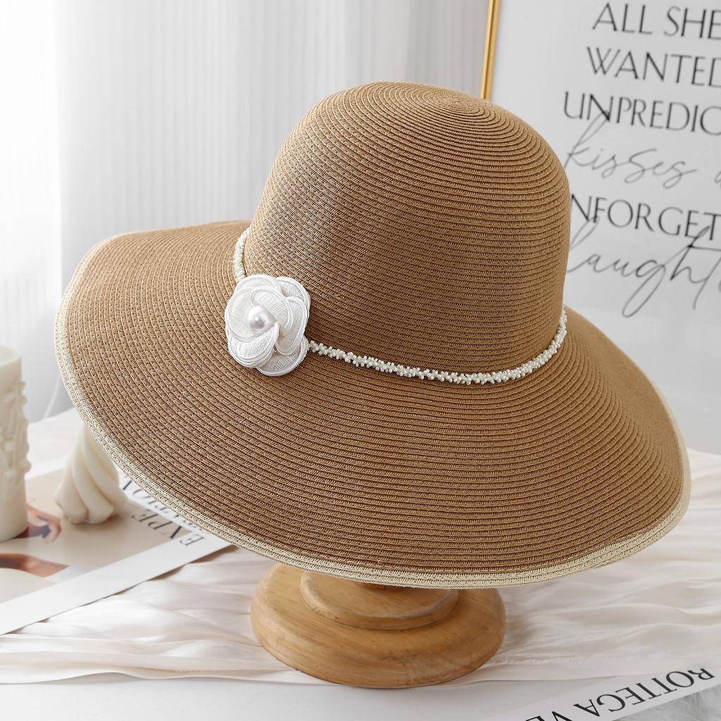 New French Elegant Flower Pearl Bucket Hat Women's Summer Fashion Show Face Small Shade Straw Hat Temperament Sun Hat