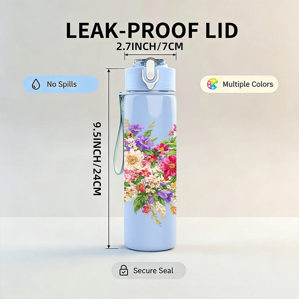 1PC Dense Mixed Spring Wild Flower Print 750ml Color Plastic Sports Water Bottle Leakproof Flip Straw Lid Suitable for Sports Office Home Use