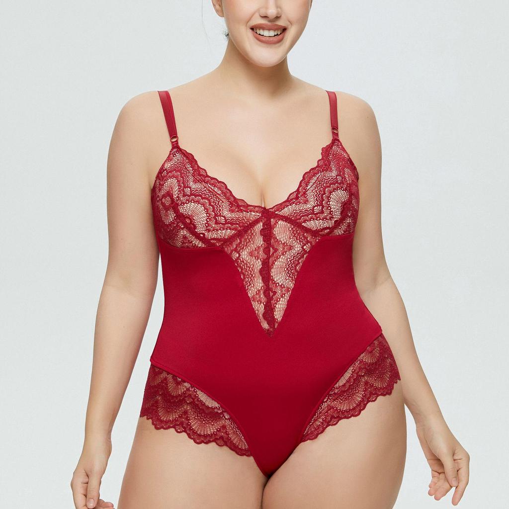 Plus Size Deep V Lace Splicing Women's Jumpsuit Lingerie Set