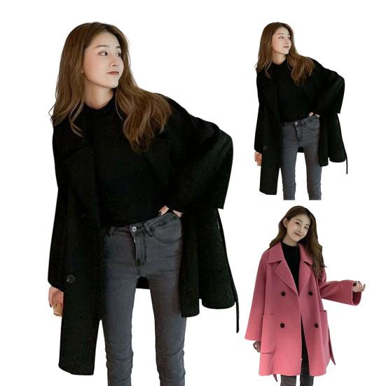 Fall Winter Women Woolen Jacket Thick Loose Turn-down Collar OL Commuting Jacket Double-breasted Mid Length Korean Style Overcoat Outerwear