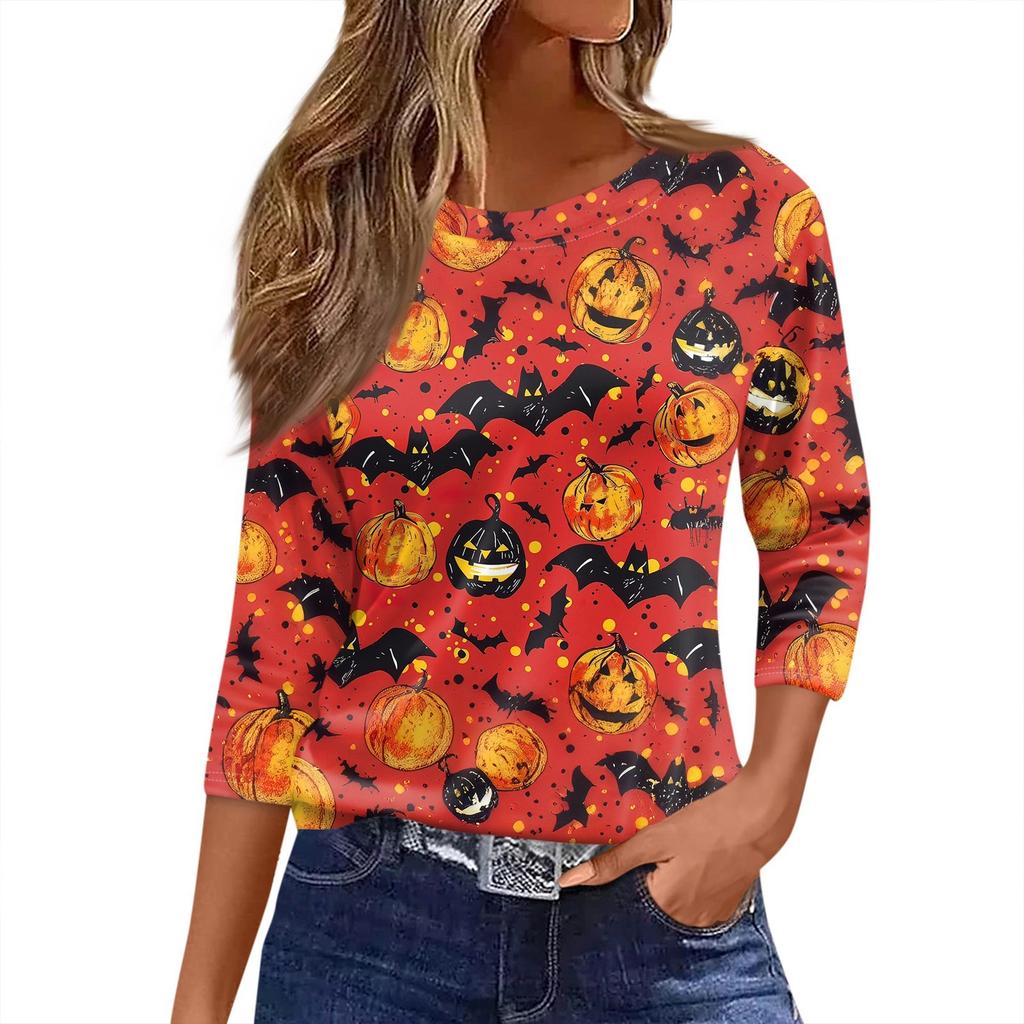 Damski T-shirt z nadrukiem na Halloween, rękaw 3/4, codzienny, modny, podstawowy, z okrągłym dekoltem, regularny top