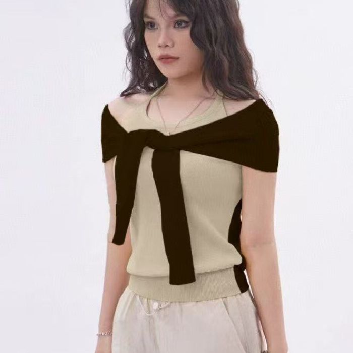 

Вязаный свитер без рукавов в тайском стиле, нишевый, милый и пикантный, для женской одежды, с дизайнерским чутьем, шаль и два коротких топа-халтера. One size кофейный