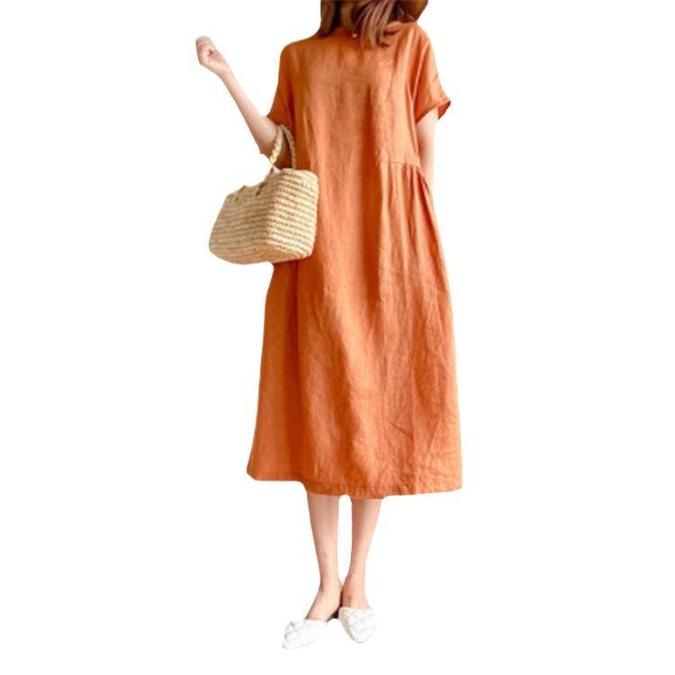 Vestido Midi de Talla Grande Holgado Color Sólido - Manga Corta, Casual y Rejuvenecedor para Primavera/Verano
