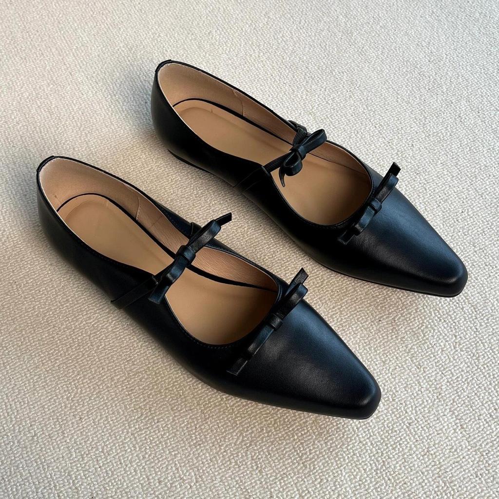 Sheepskin~ Black Single Shoes Women's Pointed Head Shallow Mouth Bow Genuine Leather Shoes Flat Shoes Women's Low Heel Mary Jane Shoes Women's