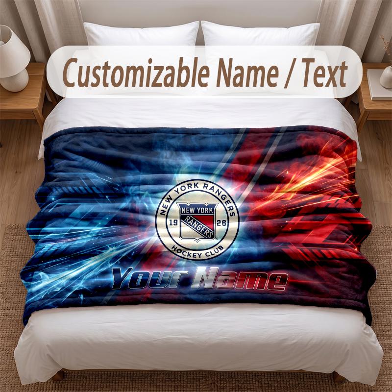 New York Rangers Printed Flannel Blanket Custom Name Text Soft Warm Throw For Bedroom Holiday Gift