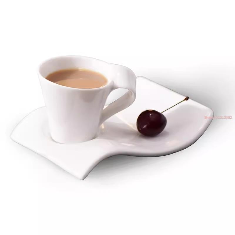 European-style Ceramic Coffee Cup and Saucer Set Home Office Water Tea Simple Wave Mug Solid Color Drinking
