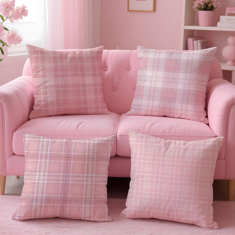 Pink and Purple Tartan Design Cushion Cover Pillow Case Ultra Soft Skin Friendly Fabric Cloud Like Comfort Concealed Zipper