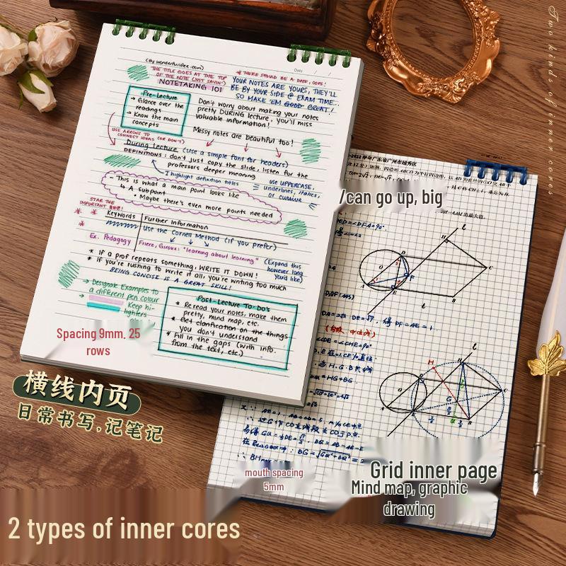 Retro Flip-Up Grid Notebook with 5 Removable Rings - Comfortable 4-Coil Design