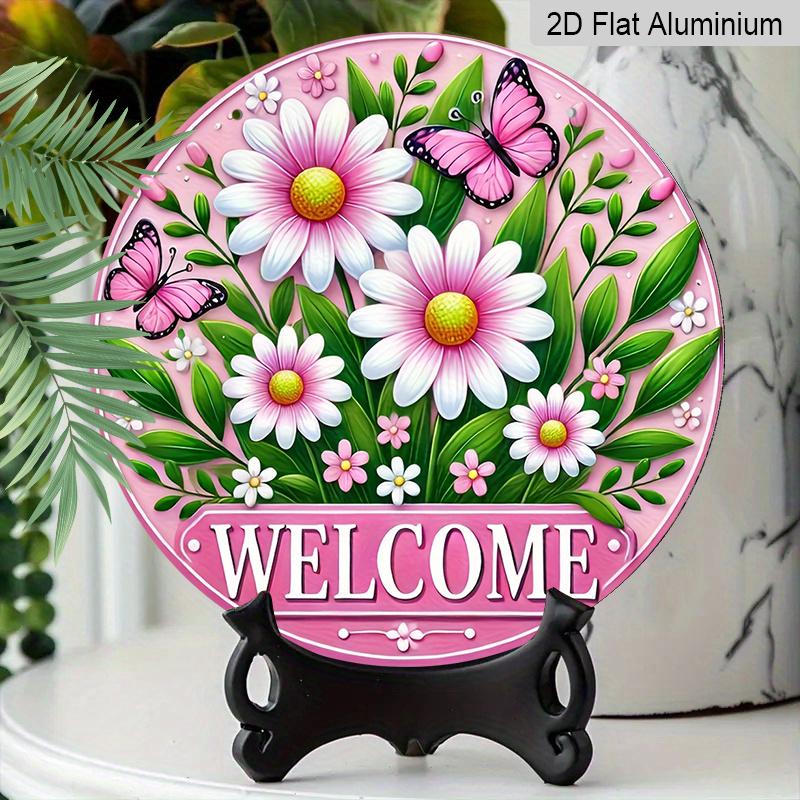 2D Flach, 1 Stück Charmantes Rosa Gänseblümchen & Schmetterling Willkommensschild - Runde Aluminium Türdekoration mit Lebendigem Blumendesign, Perfekt für Haus- & Garteneingang