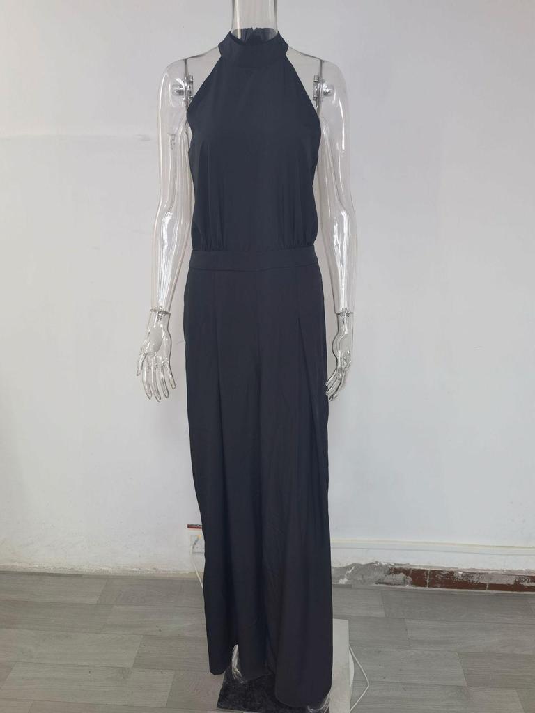 2026 Women's Elegant Waist-Cinching Long Sleeve Halter Jumpsuit with Lace-up and Print