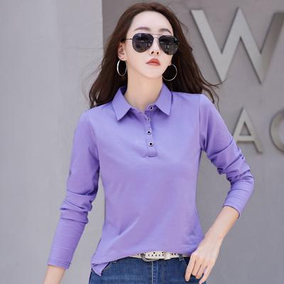 T-shirt z klapami z długim rękawem dla kobiet w stylu koreańskim, z czystej bawełny, prosty, zapinany na guziki, dopasowany, wszechstronny, fioletowy, odzież damska