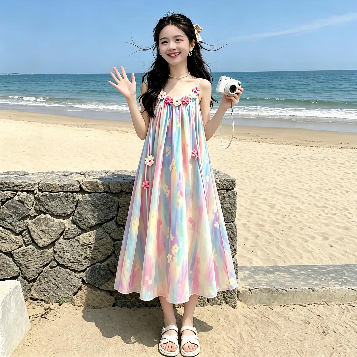 Girls  Rainbow Floral Summer Dress - Sweet, Stylish Suspender Princess Beachwear for Middle and Large Children 130cm