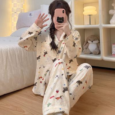Style Dog Print Women's Pajamas Set  Autumn Winter Women's Sleepwear Sweet Cute Casual Nightwear