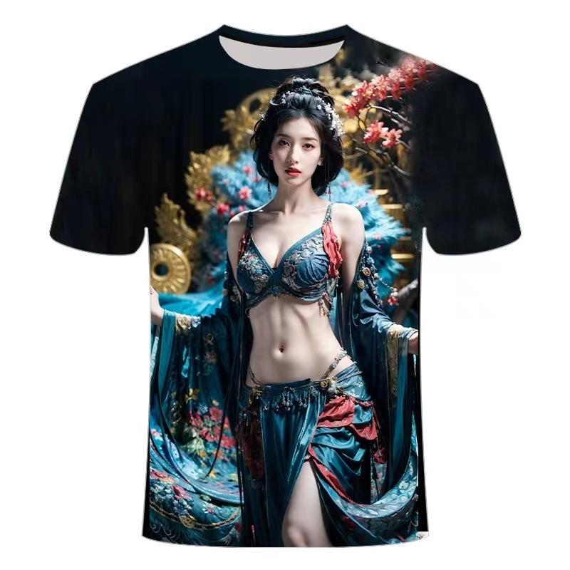 Summer Round Neck 3D Beauty Print Top Fashionable Casual Short Sleeved Men's T-shirts