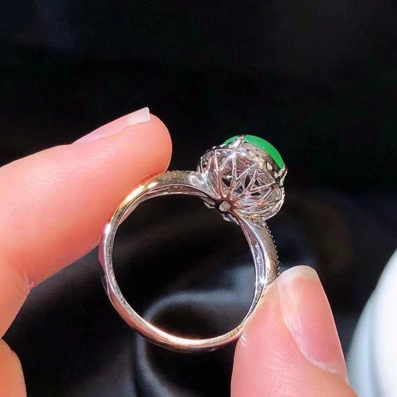 Classic Silver 925 Diamond Natural Jade Chalcedony Green Rings for Women Vintage Charm Round Ring Creative Jewelry Gift