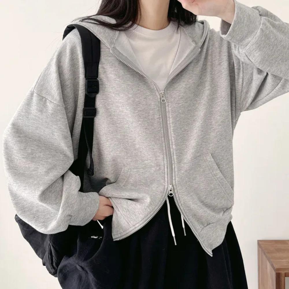 Women's Hooded Long Sleeve Zip Up Cardigan Oversized Fit Casual Top Solid Color Cropped Hoodie Jacket