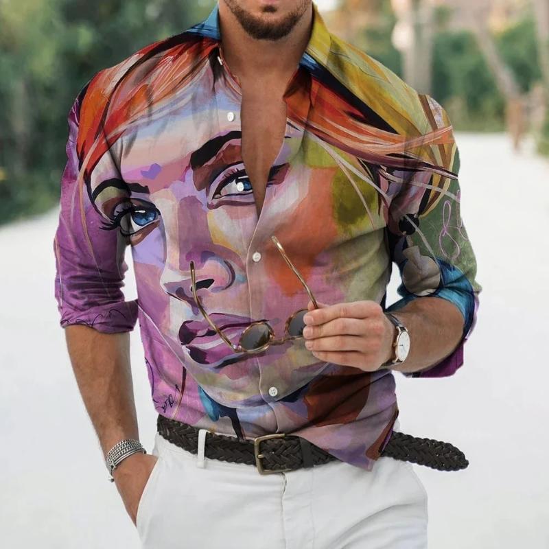Fashion Long Sleeve Lapel Button Up Plus Size Shirt Men 3d Print Blouse