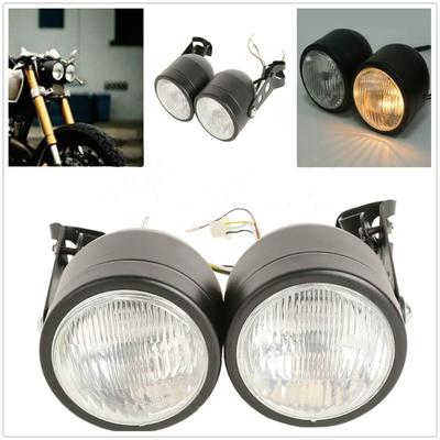 ONGMEIL Motorcycle Twin Front Headlight with Lamp and Bracket for Harley Street Fat Boy Dual Sport Dirt Bike Streetfighter Naked Cafe Racer (Black)