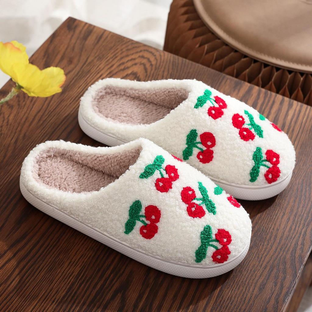 Cherry Embroidery Red Cotton Fur Slippers for Women - Cute Indoor Footwear