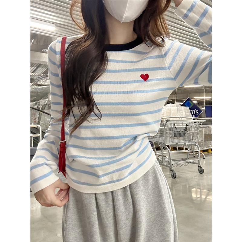 

Design Sense Love Embroidery Contrast Color Crew Neck Long Sleeve Sweater Women s Winter Inner Striped Knitted Bottom Shirt average size [recommended 80-60kg]