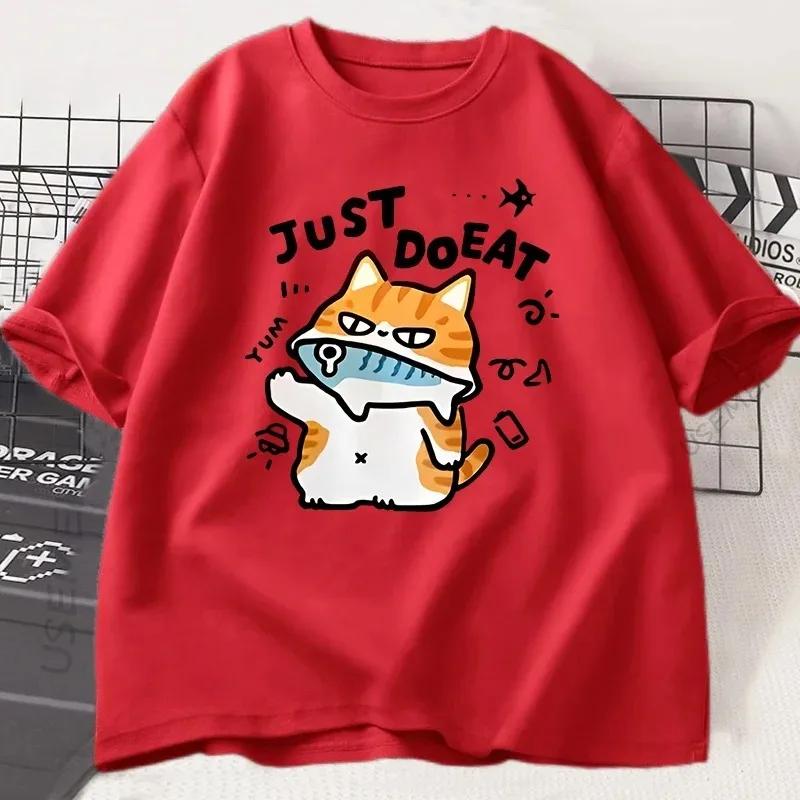 

Fun Cat Eating Fish Women s T-shirt Summer Top T-shirt Round Neck Women s Clothing Street Wear Short Sleeved Fashionable Street Wear S