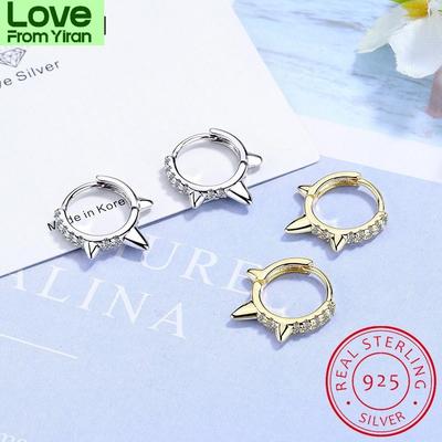 100 %925 Sterling Silver Punk Cool Light Rivet Small Open Hoop Earrings Cubic Zirconia Spike Earring For Women Jewelry