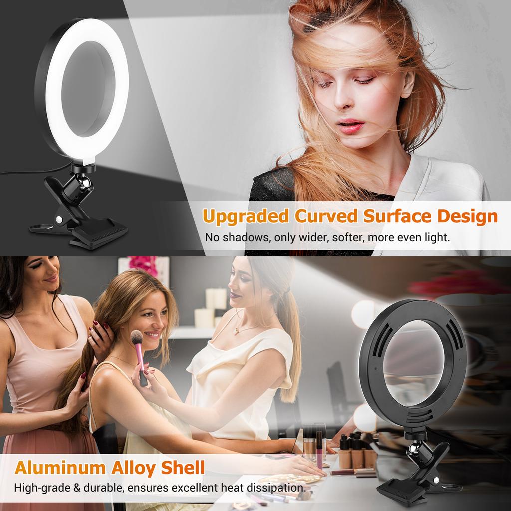 6.3 Inch 2700K-5500K Selfie Ring Video Light with Clamp Mount 3 Dimmable Colors 11 Brightness