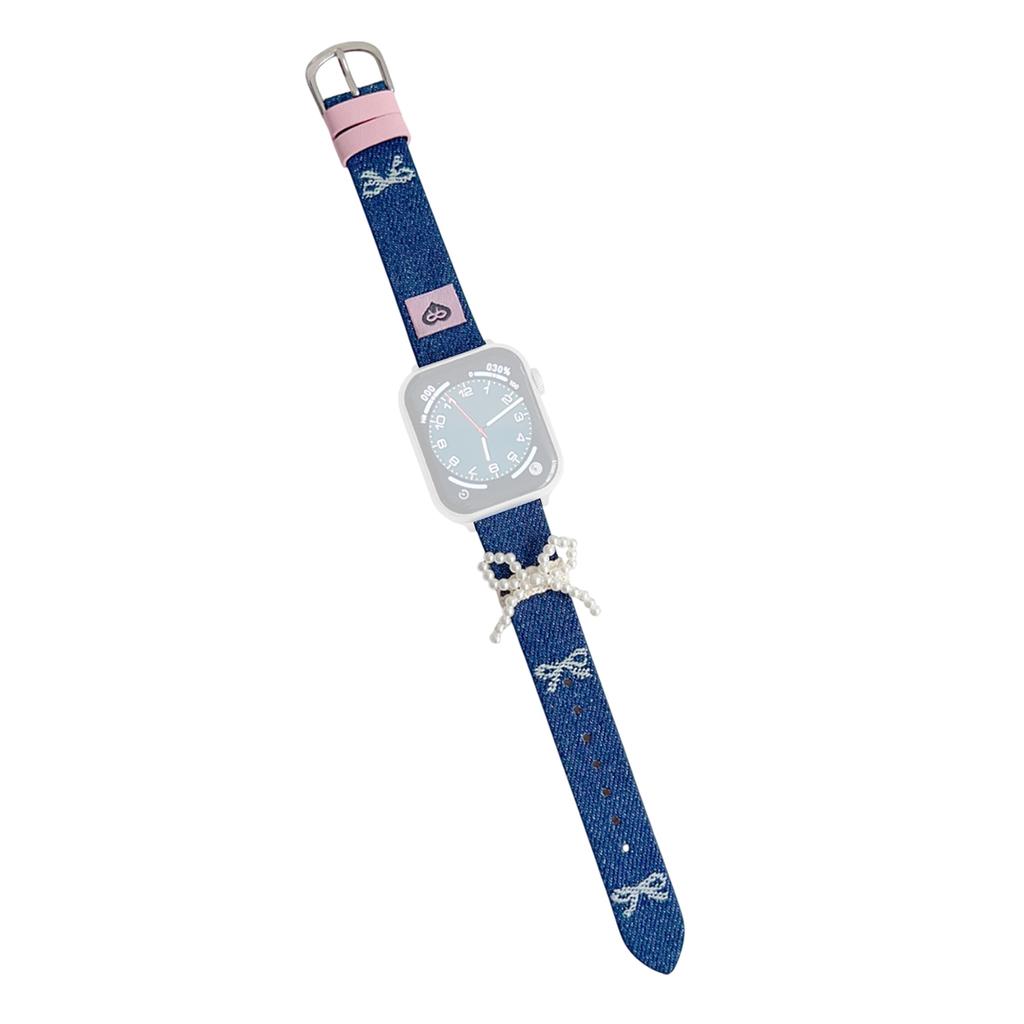 Wrist Strap for Apple Watch Series 10 Ultra 9 8 7 SE 6 5 4 3 2 1 46mm 49mm 45mm 44mm 42mm Pearl Bowknot Denim Leather Watch Band